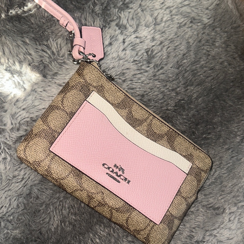Coach Signature Canvas Wristlet in Pink and Tan